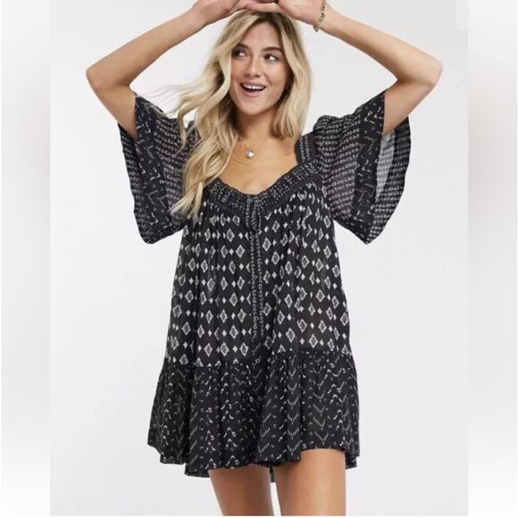 Free People Dress Womens Small Black Hearts Desire Cotton Mini Ivory Boho New - Picture 1 of 12